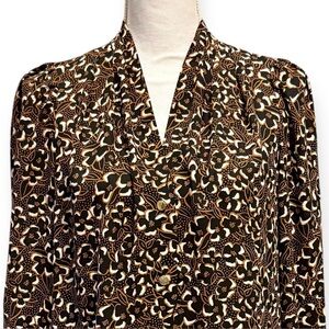 🎁 Nine West Floral Black Gold Long-sleeve Button Down Top Blouse Size M NWT